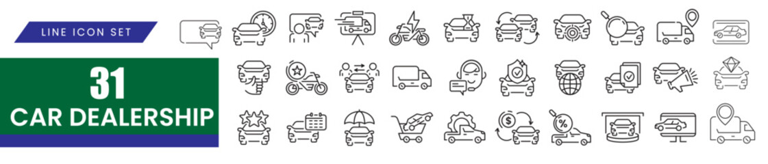 Car Dealer, Vehicle and Automobile Industry Line Editable Icon set. Editable stroke. Vector illustration design. 31 icon set.