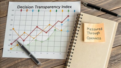 Chart Showing Decision Transparency Index with Pen and Notebook on Wooden Surface for Business Analysis and Reporting