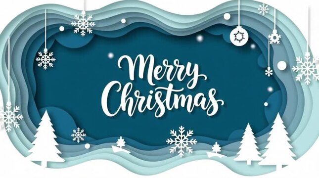 Winter christmas composition in paper cut style.Merry Christmas text Calligraphic Lettering Vector illustration.