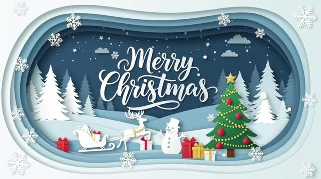 Winter christmas composition in paper cut style.Merry Christmas text Calligraphic Lettering Vector illustration.