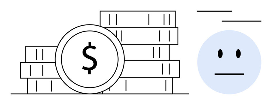 Stacks of coins with a dollar sign next to a neutral face, representing financial status, wealth, decisions, and emotions. Ideal for finance, budgeting, wealth, income savings mindset economy