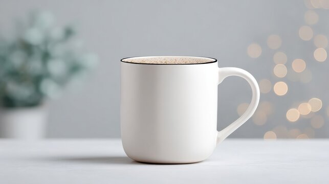 A white coffee mug sits on a table with a plant in the background