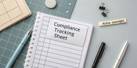 Compliance Tracking Sheet on Desk with Stationery and Planning Materials for Effective Oversight and Organization
