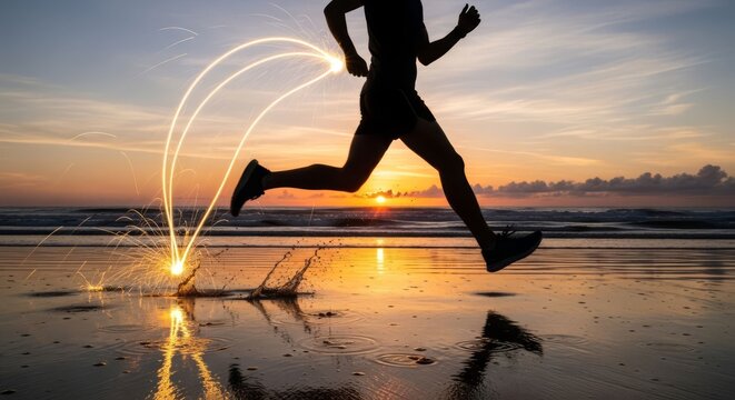 Silhouette of a runner on the beach at sunset with energy trails.