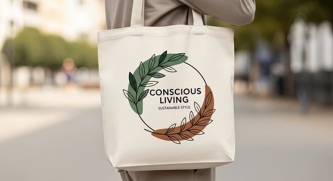 Tote bag featuring a conscious living design with green and brown leaves promoting sustainable style and eco friendly practices for reusable shopping and carrying items representing a commitment to e