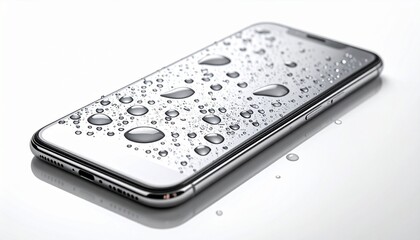水に濡れて水滴がついたスマートフォン　スマホの画面の防水、撥水、水濡れ