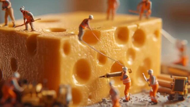 Tiny construction workers in orange uniforms diligently drill and excavate holes in a giant block of Swiss cheese.