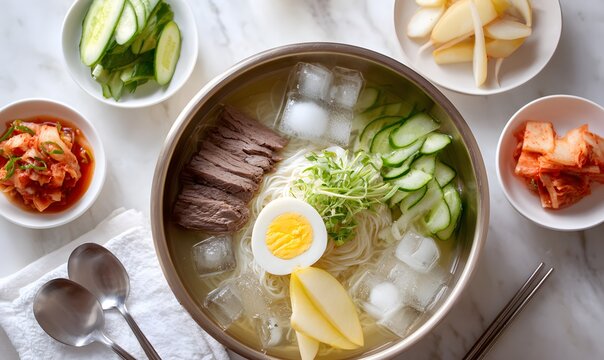 Korean Mul Naengmyeon bowl. The dish contains icy cold noodles submerged in clear, chilled Mul naengmyeon broth with floating ice cubes