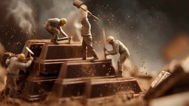 Miniature construction workers use pickaxes and shovels to break apart a large block of rich dark chocolate.