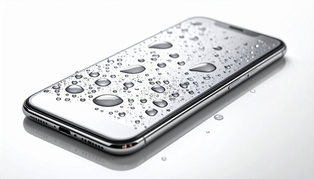 水に濡れて水滴がついたスマートフォン　スマホの画面の防水、撥水、水濡れ