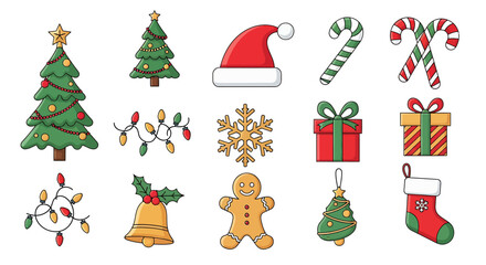 Delightful Christmas icons to spread holiday cheer, featuring vibrant gifts, trees, snowflakes, and ornaments for your festive designs and merry projects