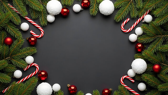 A festive holiday background featuring a frame of evergreen branches, candy canes, and ornaments with an empty center for text