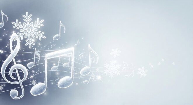 Christmas music: Treble clef and sheet music with snow. Abstract blue background with a festive melody and snowflakes.