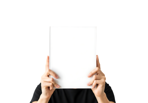 Person holding blank white book covering face against dark background image