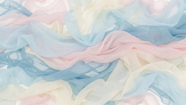A gentle and ethereal abstract background created with flowing layers of sheer pastel fabrics in soft pink, blue, and cream