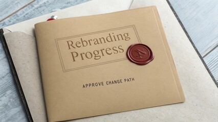 Rebranding Progress Report with Wax Seal on Light Wooden Background for Business Presentation and Strategy Planning