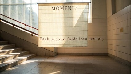 Serene interior showcasing soft light filtering through window with fabric curtain and thoughtful quote about life's fleeting moments