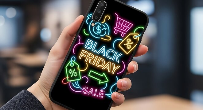 Hand holding smartphone with neon black friday sale advertisement - Powered by Adobe