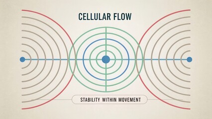 Abstract representation of cellular flow with patterns of concentric circles and waves illustrating stability and movement dynamics