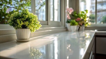Bright and Clean White Kitchen Counter With Houseplants and Natural Window Light for Household Product Display