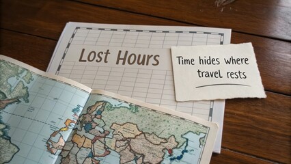 Aesthetic Travel Journal Page with World Map and Inspirational Quote on Lost Hours of Adventure