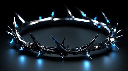 Shiny Black Crown of Thorns with Blue Light on Dark Background Render