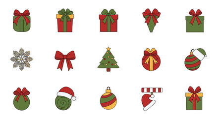 Delightful Christmas icons to spread holiday cheer, featuring vibrant gifts, trees, snowflakes, and ornaments for your festive designs and merry projects