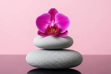 Three spa stones topped with a vibrant magenta orchid bloom