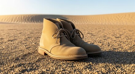 Suede desert boots sit on a sandy surface with a dune landscape in the background representing travel adventure and outdoor exploration perfect for showcasing footwear fashion style and comfort for w