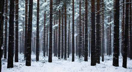 Winter snow falling through a dense pine forest, creating a tranquil scene for a serene nature concept and seasonal beauty