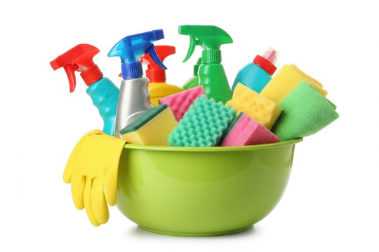 A vibrant collection of household cleaning supplies