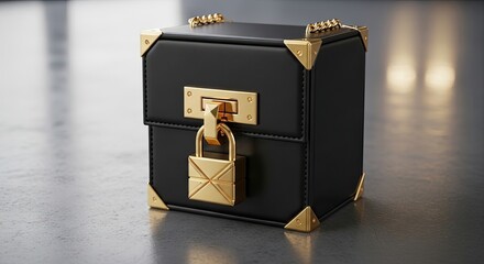 Black box with a gold lock represents security treasure and secret storage for valuable items confidential information and private access protected by a secure locking mechanism ensuring safety and p