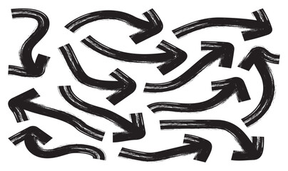  Set of bold brush drawn curved arrows. Hand drawn vector direction pointers. Curved and wavy brush strokes with scratches. Hand drawn different straight lines with angles, with bold arrows.
