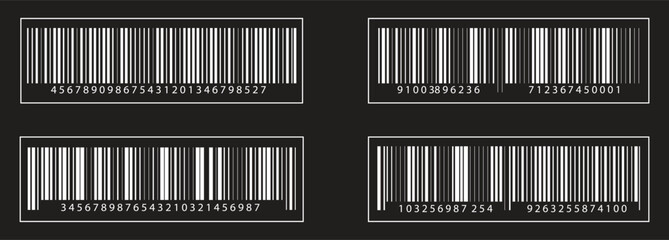 Bar code vector cartoon icon set. Simple fake bar code. Barcode product distribution icon. Universal code for scanning product or item.  Retail business, shopping, and logistics technology concept.