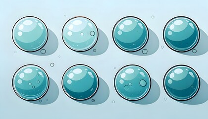 Set of shiny blue-green water droplets or bubbles, reflecting light and casting soft shadows, symbolizing cleanliness, freshness, and the pristine quality of clear liquid elements