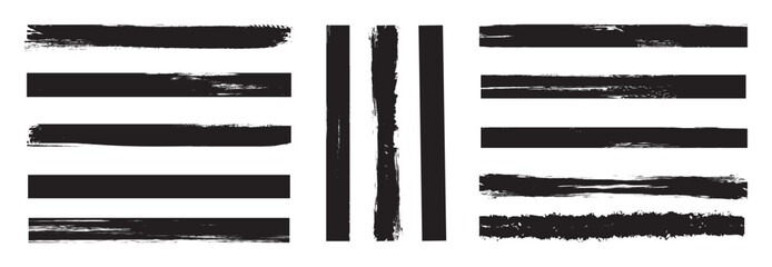 Black highlighter bold horizontal lines set. Trendy brush stroke for black ink paint, grunge backdrop, dirt banner, watercolor design and dirty texture. 