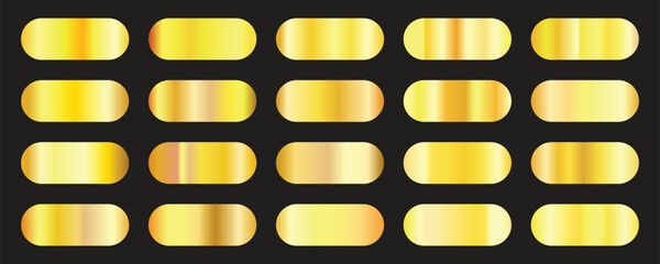 Golden premium gradient swatch palette set. Gold gradient set chrome color foil texture background.  Metallic golden ribbon frame label effect. Flat vector illustration isolated .