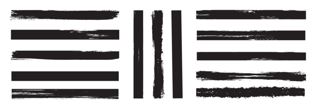 Black highlighter bold horizontal lines set. Trendy brush stroke for black ink paint, grunge backdrop, dirt banner, watercolor design and dirty texture. 
