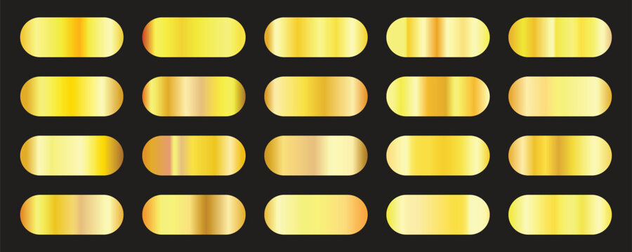 Golden premium gradient swatch palette set. Gold gradient set chrome color foil texture background.  Metallic golden ribbon frame label effect. Flat vector illustration isolated .