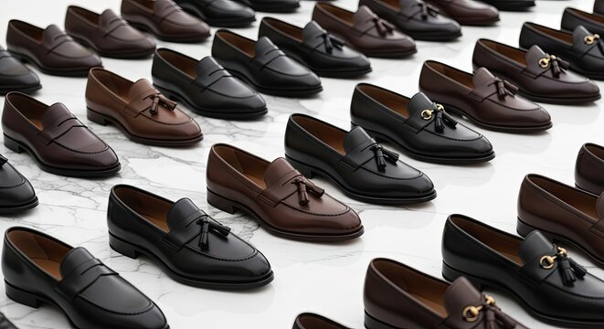 Loafers in black and brown leather are displayed on a white marble surface showcasing a collection of stylish and elegant footwear options for men suitable for formal occasions or everyday wear highl