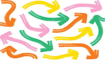 Colorful bold brush arrow set. Squiggle lines, curly brush strokes with hand drawn doodle grunge brush texture. Arrow-shaped icons collection with various directions with white background.