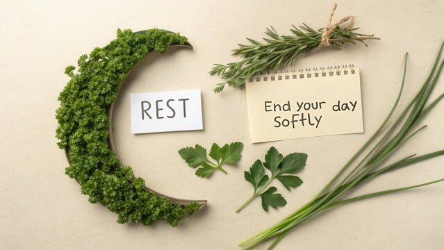 Calm and Cozy Evening Arrangement with Fresh Herbs, Relaxation Notes, and Green Elements to Promote Tranquility and Rest