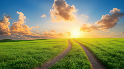 Obraz premium Sunrise field tractor trail lines leading through green grass toward horizon with dramatic clouds and warm light