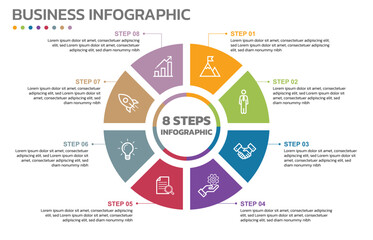 Visual data presentation. Cycle diagram with 8 options. Pie Chart Circle infographic template with 8 steps, options, parts, segments. Business concept. Marketing infographic vector illustration.