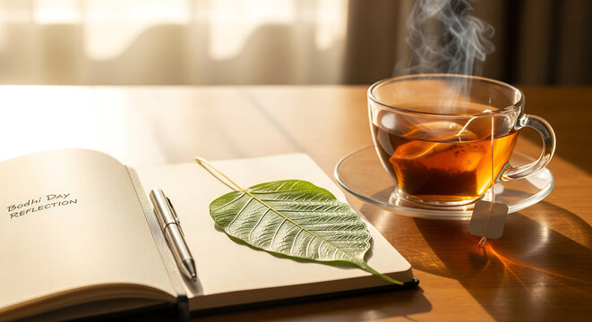 Peaceful start to the day with hot tea and a reflective journal in the warm morning light
