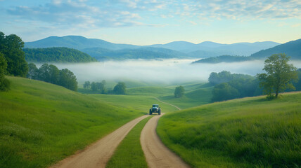 Fototapeta premium Early morning countryside with tractor on dirt road winding through green rolling hills and mist in valley, calm pastoral scene with distant blue mountains and soft sky