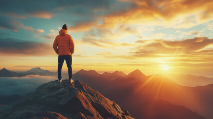 Fototapeta premium Man standing mountain sunrise hiker jacket peak sunrise mountain range silhouette