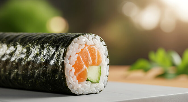 Deliciously fresh Japanese maki sushi roll with salmon and cucumber on a board with a blurred background