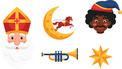 A traditional winter festival vector icon set with a bishop, festive helper, horse on the moon, trumpet, and star h(388)