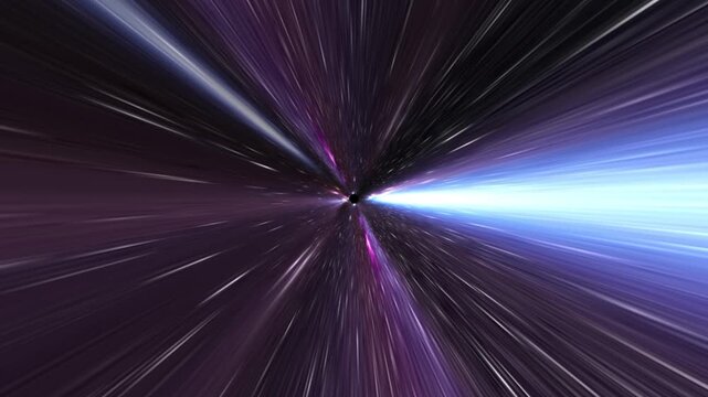 A hyperdrive effect with bright white streaks of light moving towards a central point in the distance